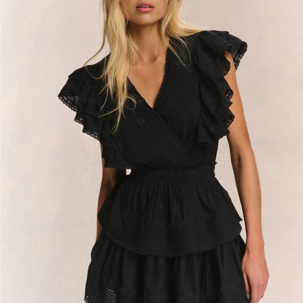 LoveShackFancy Black Mini Sundress with Flutter Sleeves